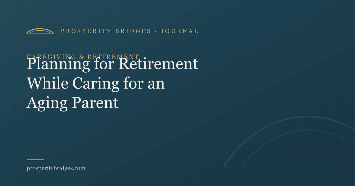 A calm desk with a notebook and coffee — planning retirement while caring for a parent.